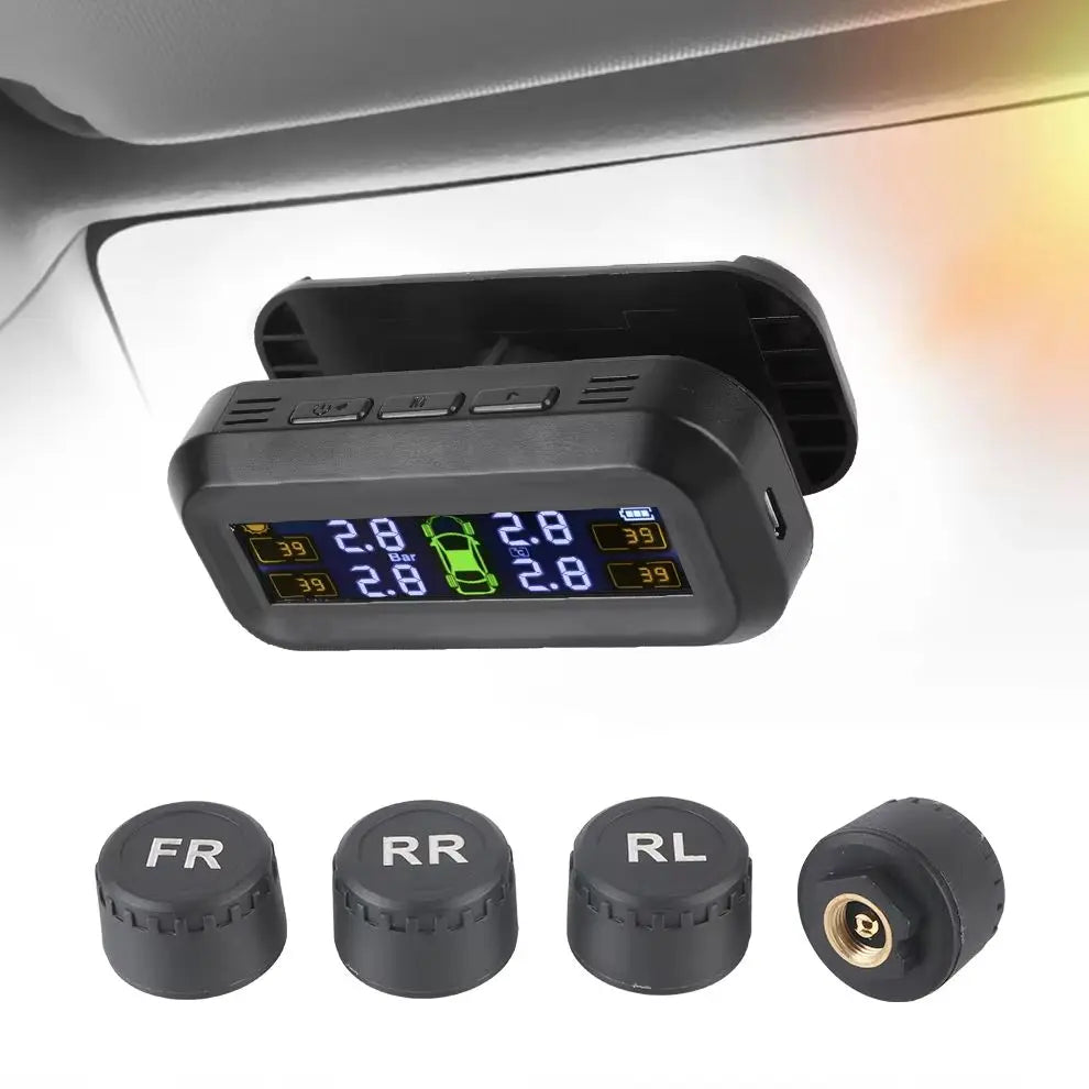 Solar-Powered Tire Pressure Monitoring System with Temperature Alerts - External Battery Version for Cars