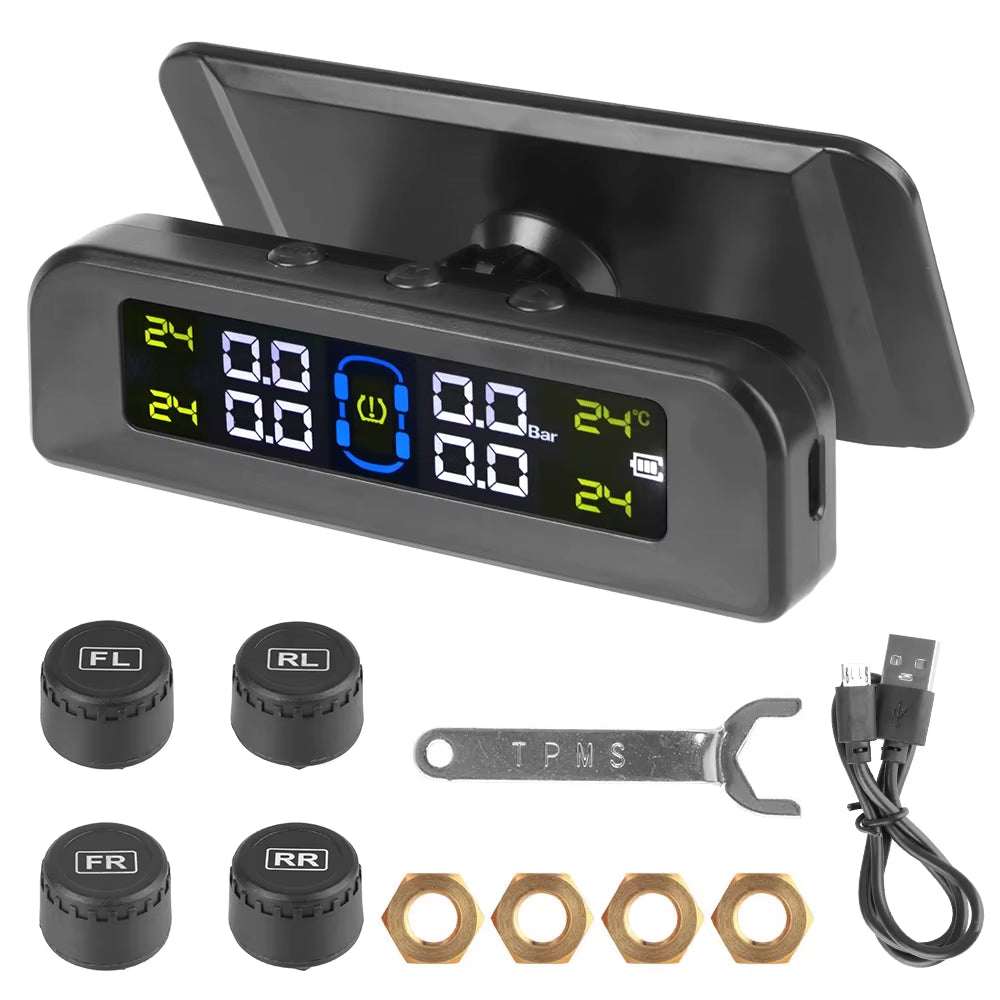 Solar-Powered Tire Pressure Monitoring System with Temperature Alerts - External Battery Version for Cars