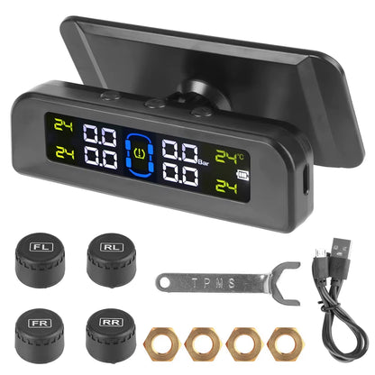 Solar-Powered Tire Pressure Monitoring System with Temperature Alerts - External Battery Version for Cars