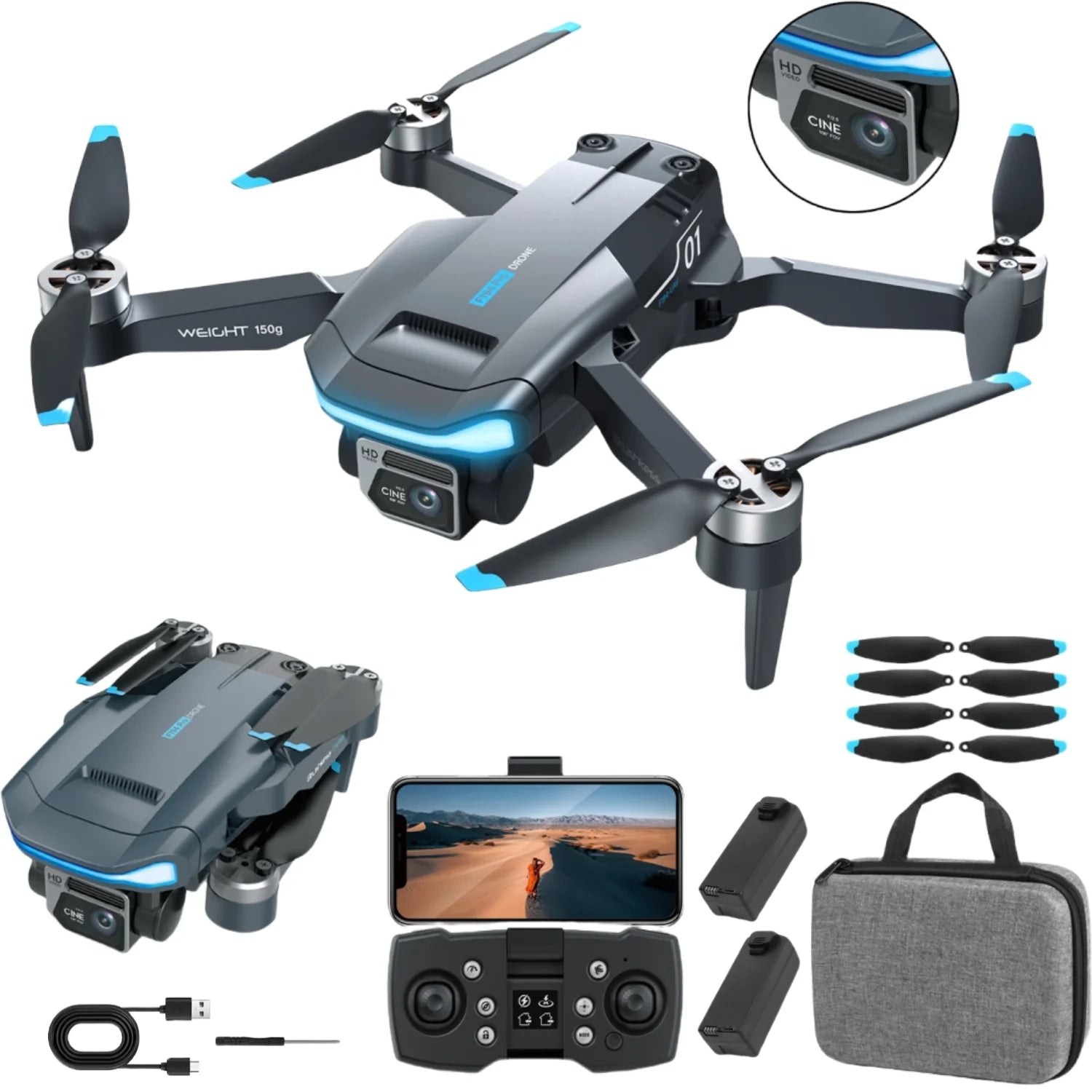 F194 GPS Drones with 1080HD Camera - Foldable, Lightweight Quadcopter for Beginners & Adults - Includes Follow Me Mode & 2 Batteries!