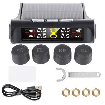 Solar-Powered Tire Pressure Monitoring System with Temperature Alerts - External Battery Version for Cars