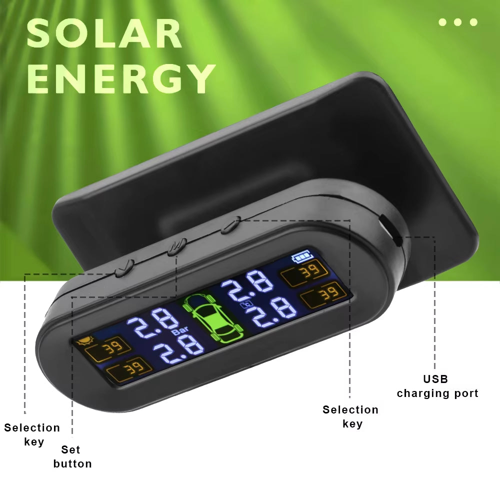 Solar-Powered Tire Pressure Monitoring System with Temperature Alerts - External Battery Version for Cars