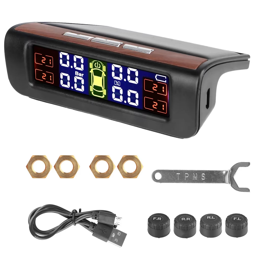 Solar-Powered Tire Pressure Monitoring System with Temperature Alerts - External Battery Version for Cars