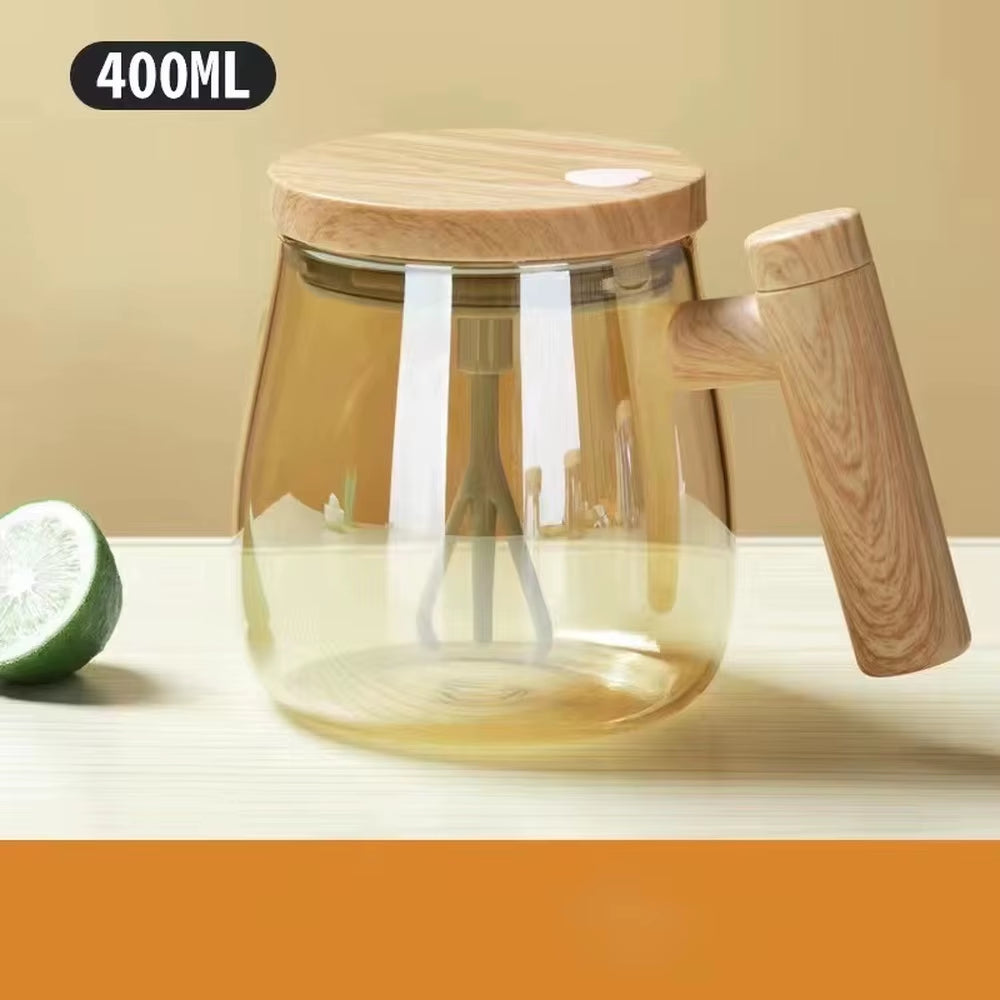 High-Speed 400ML Self-Stirring Coffee Mug with Stylish Wooden Handle - Ideal for Coffee, Milk, and Protein Shakes!
