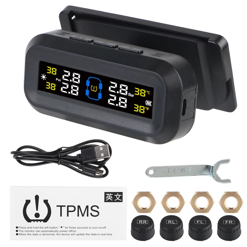 Solar-Powered Tire Pressure Monitoring System with Temperature Alerts - External Battery Version for Cars