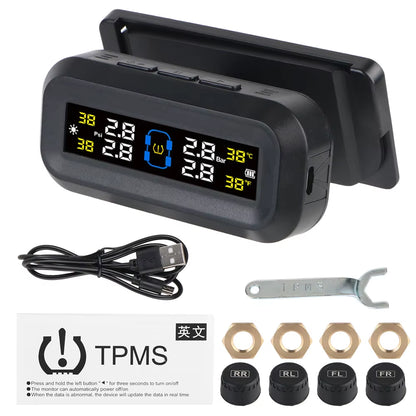 Solar-Powered Tire Pressure Monitoring System with Temperature Alerts - External Battery Version for Cars