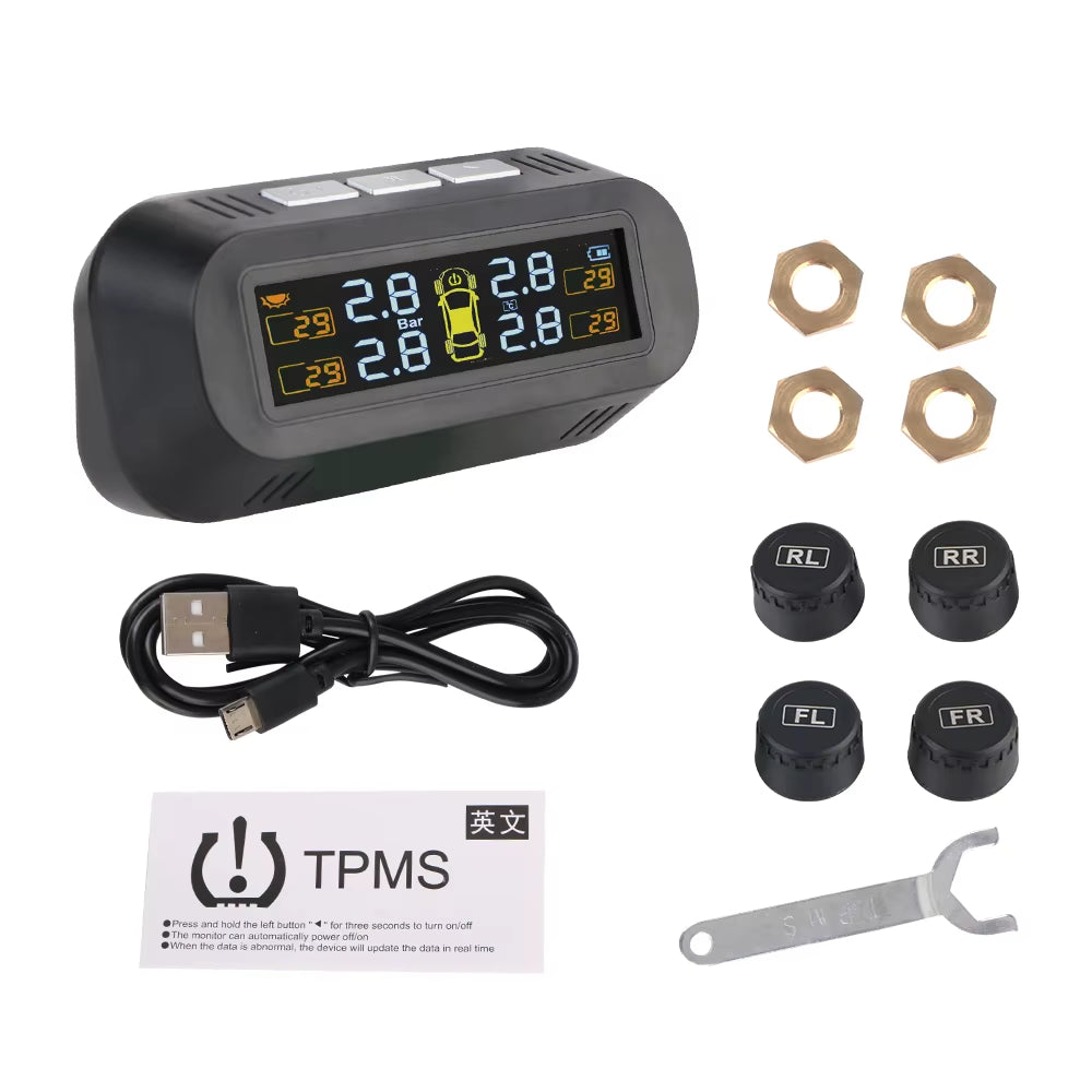 Solar-Powered Tire Pressure Monitoring System with Temperature Alerts - External Battery Version for Cars