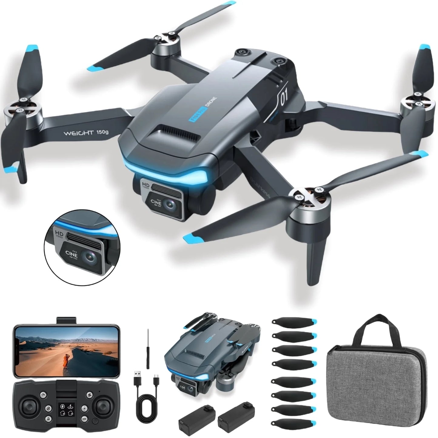 F194 GPS Drones with 1080HD Camera - Foldable, Lightweight Quadcopter for Beginners & Adults - Includes Follow Me Mode & 2 Batteries!