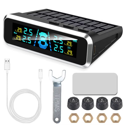 Solar-Powered Tire Pressure Monitoring System with Temperature Alerts - External Battery Version for Cars