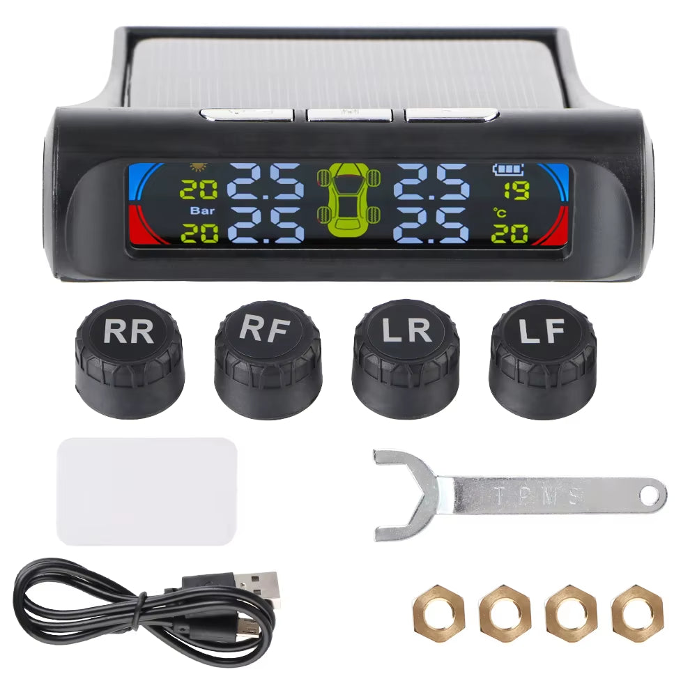 Solar-Powered Tire Pressure Monitoring System with Temperature Alerts - External Battery Version for Cars