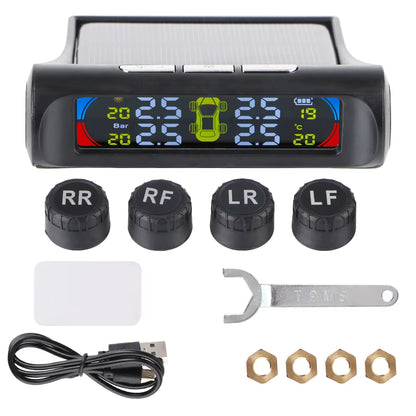 Solar-Powered Tire Pressure Monitoring System with Temperature Alerts - External Battery Version for Cars
