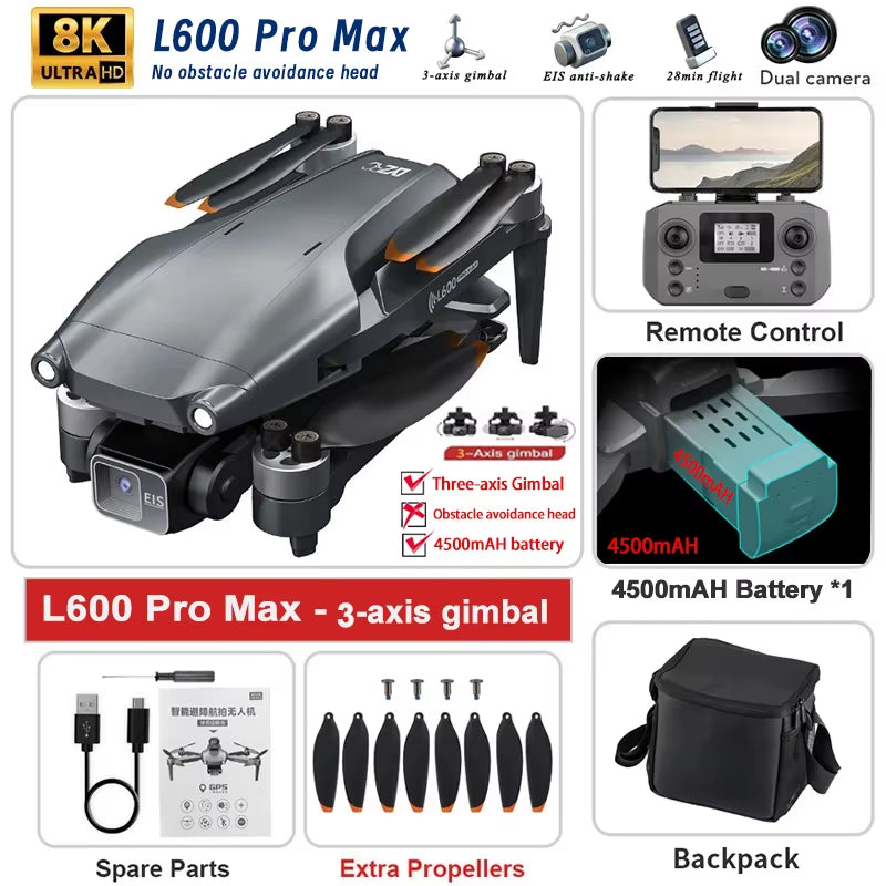 L600 PRO MAX/PRO GPS Drone - 5KM Range, 4K Dual Camera, 3-Axis Gimbal, 360° Obstacle Avoidance, Brushless Quadcopter
