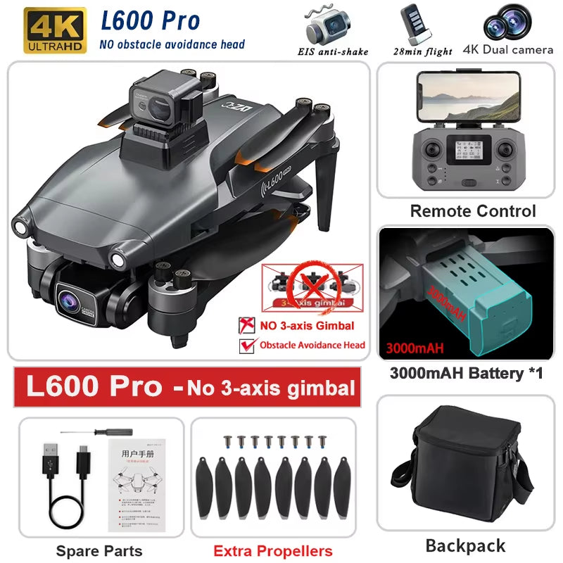L600 PRO MAX/PRO GPS Drone - 5KM Range, 4K Dual Camera, 3-Axis Gimbal, 360° Obstacle Avoidance, Brushless Quadcopter