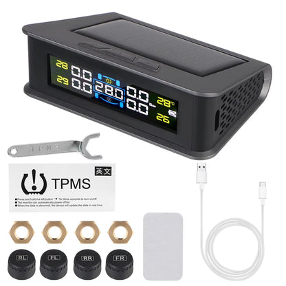 Solar-Powered Tire Pressure Monitoring System with Temperature Alerts - External Battery Version for Cars