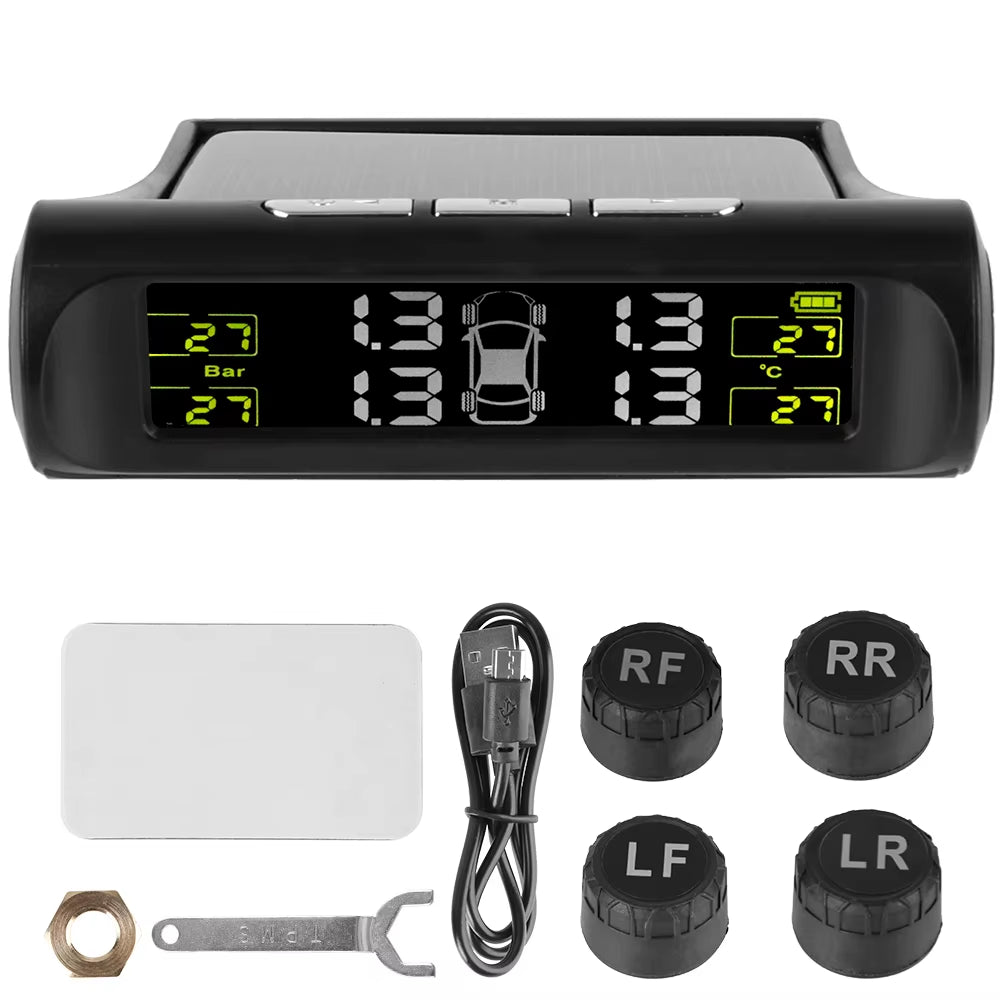 Solar-Powered Tire Pressure Monitoring System with Temperature Alerts - External Battery Version for Cars