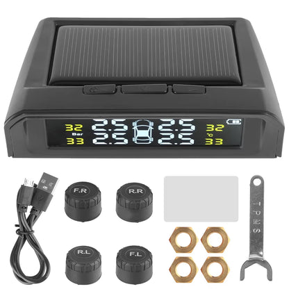 Solar-Powered Tire Pressure Monitoring System with Temperature Alerts - External Battery Version for Cars