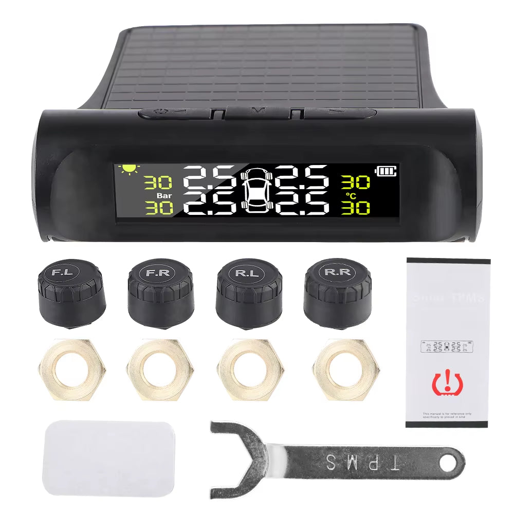 Solar-Powered Tire Pressure Monitoring System with Temperature Alerts - External Battery Version for Cars