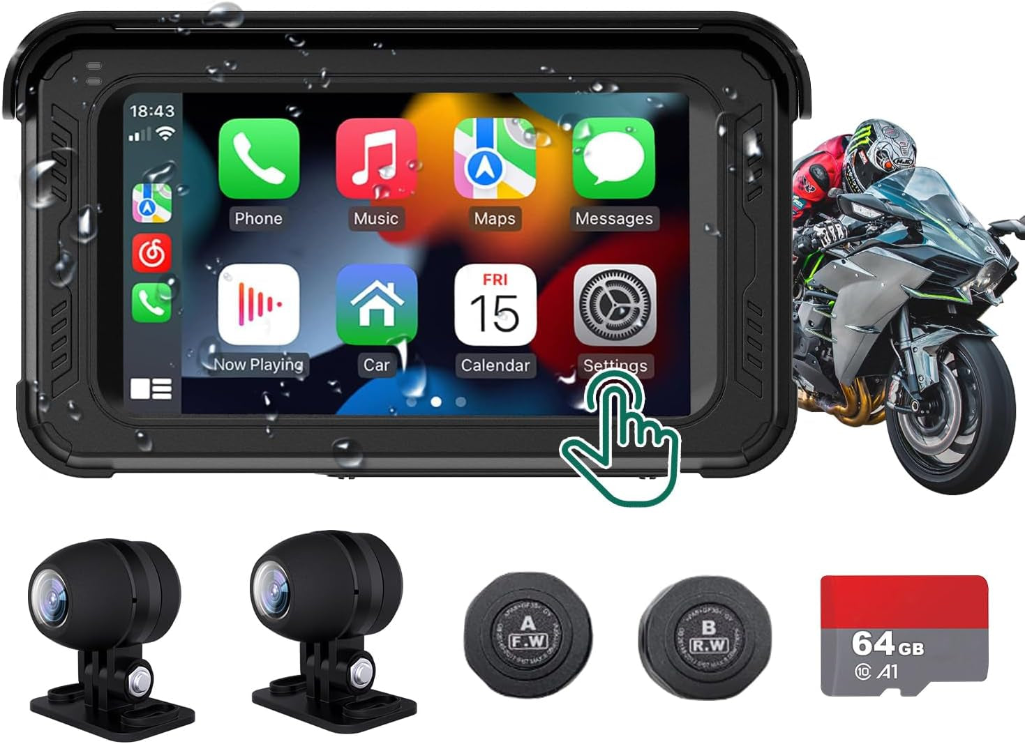 Revolutionary Motorcycle DVR Dash Cam - HD 1080P, Wireless Carplay & Android Auto, TPMS, GPS, G-Sensor, 5" Touch Screen, Waterproof & Bluetooth Enabled - MT02