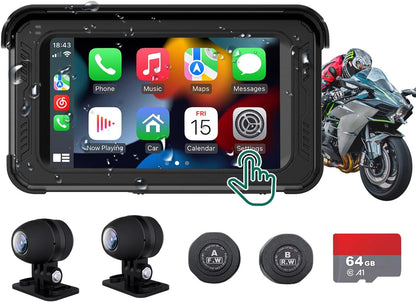 Revolutionary Motorcycle DVR Dash Cam - HD 1080P, Wireless Carplay & Android Auto, TPMS, GPS, G-Sensor, 5" Touch Screen, Waterproof & Bluetooth Enabled - MT02