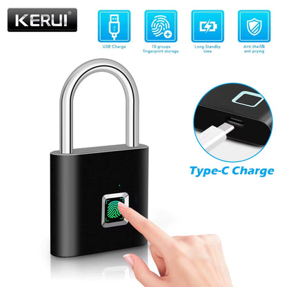 Smart Waterproof Fingerprint Padlock - Keyless Security Lock for Home, Rechargeable Type C