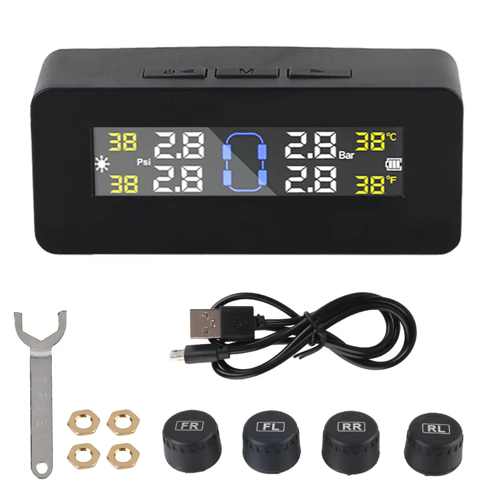 Solar-Powered Tire Pressure Monitoring System with Temperature Alerts - External Battery Version for Cars