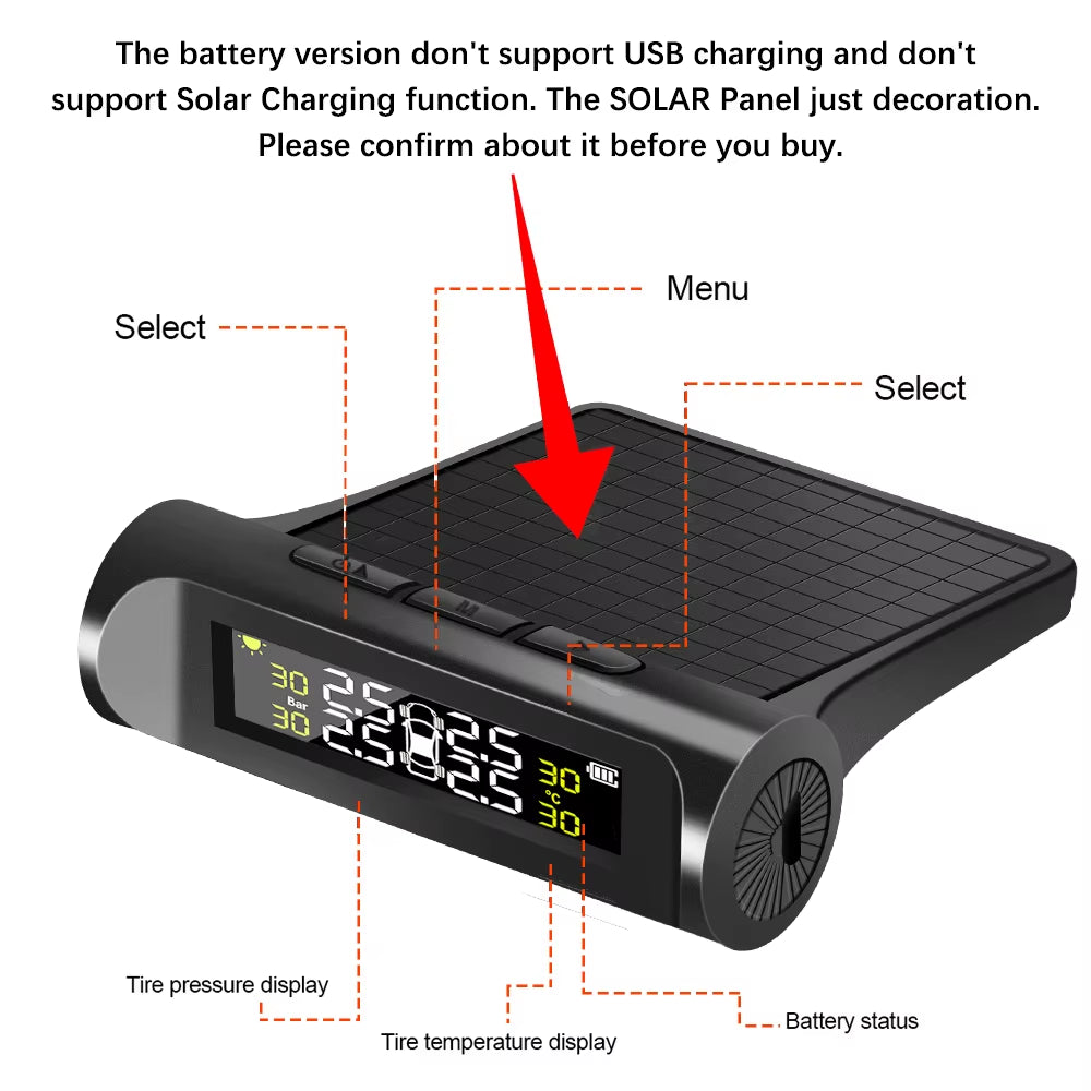 Solar-Powered Tire Pressure Monitoring System with Temperature Alerts - External Battery Version for Cars