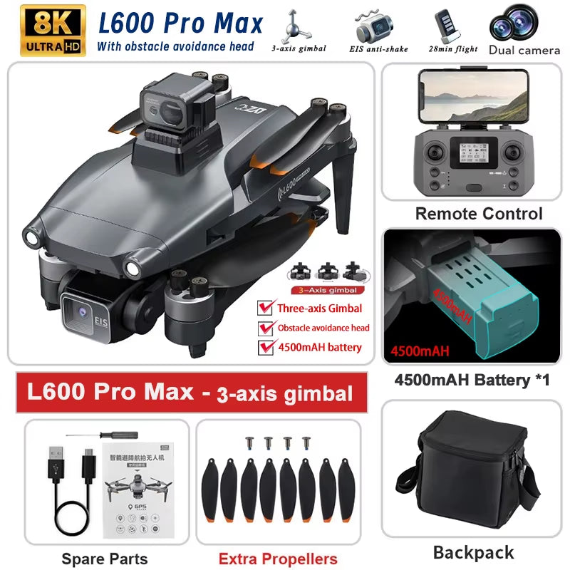 L600 PRO MAX/PRO GPS Drone - 5KM Range, 4K Dual Camera, 3-Axis Gimbal, 360° Obstacle Avoidance, Brushless Quadcopter
