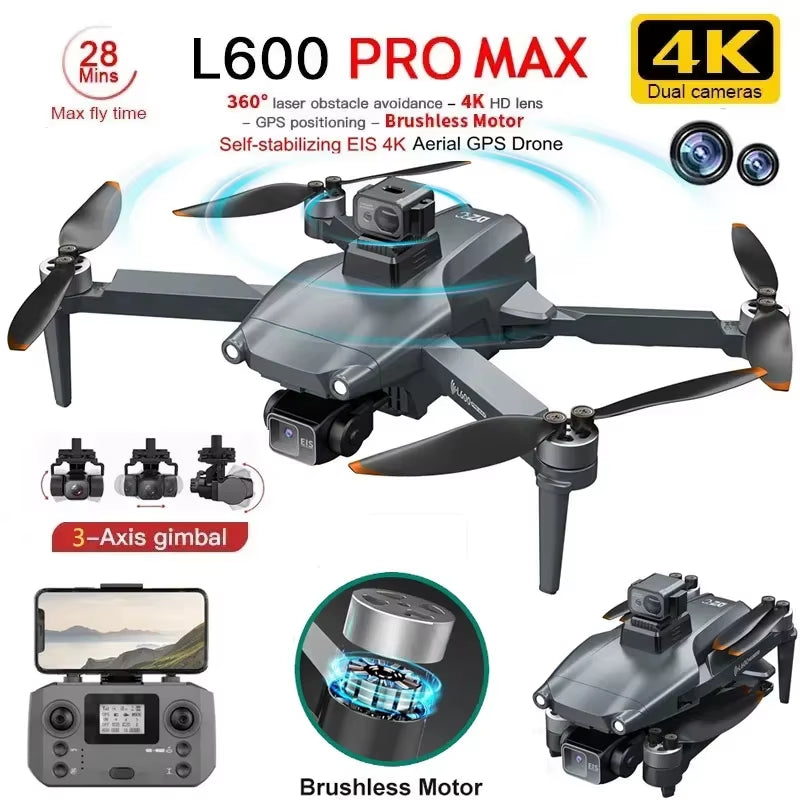 L600 PRO MAX/PRO GPS Drone - 5KM Range, 4K Dual Camera, 3-Axis Gimbal, 360° Obstacle Avoidance, Brushless Quadcopter